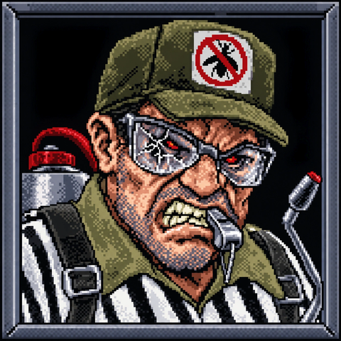 The referee, a pest exterminator with a bug-spray tank